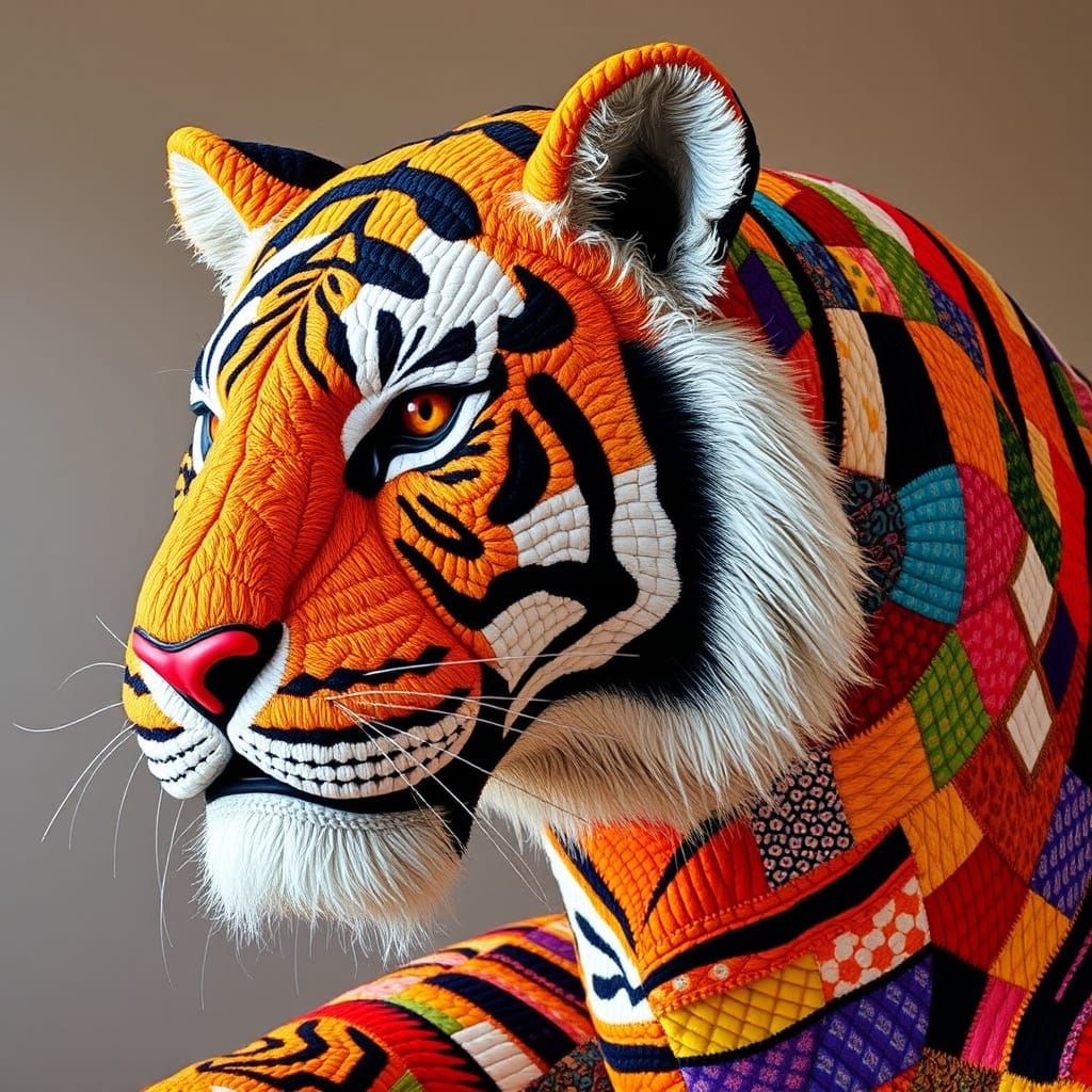 Surreal Quilted Tiger Sculpture in Folk-Art Style