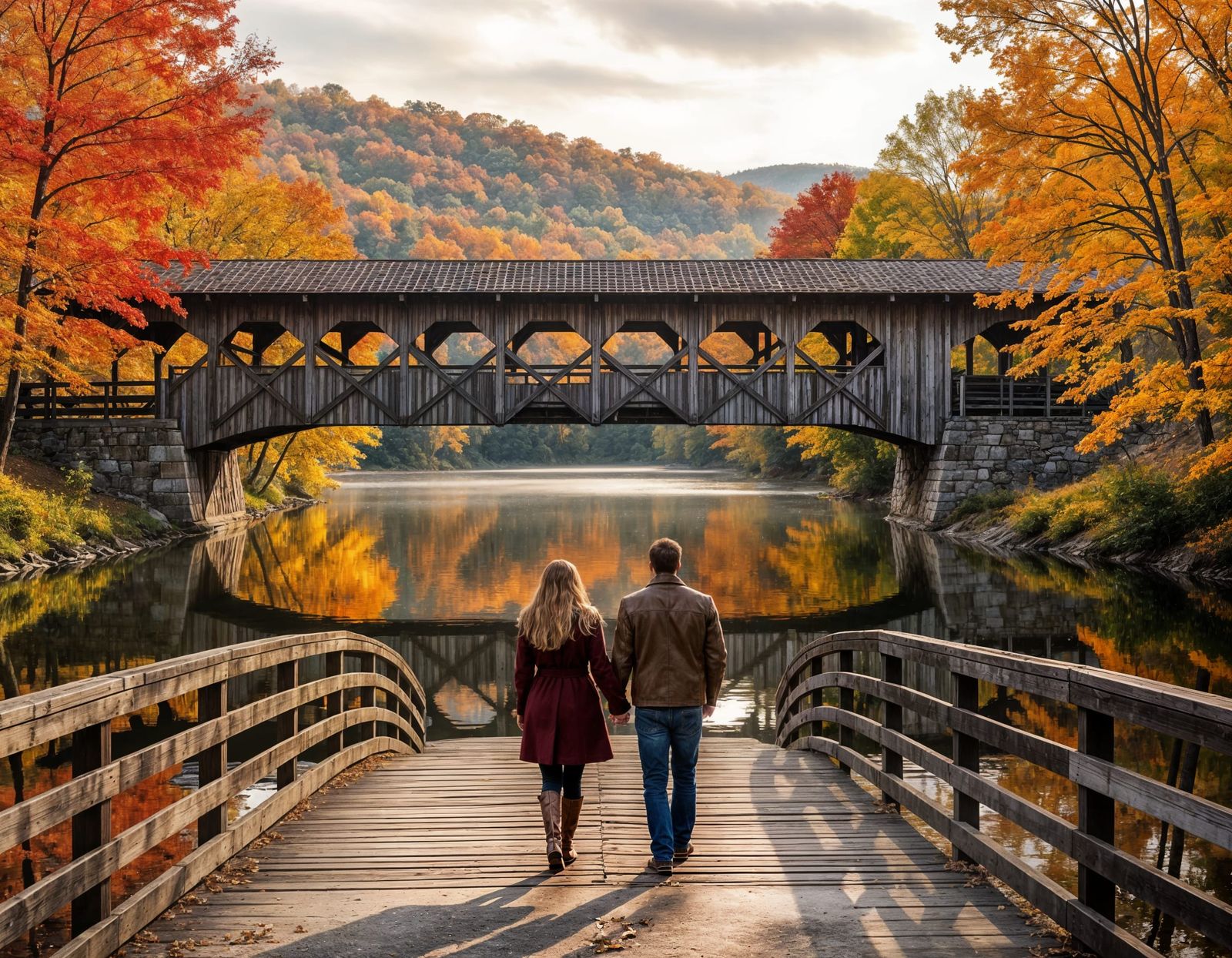 Romantic Autumn Landscape with Covered Bridge