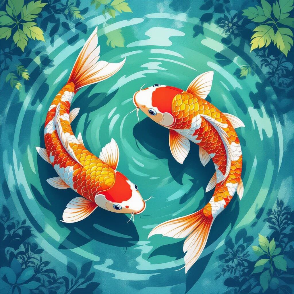 Koi Fish in Watercolor with Fractal Patterns