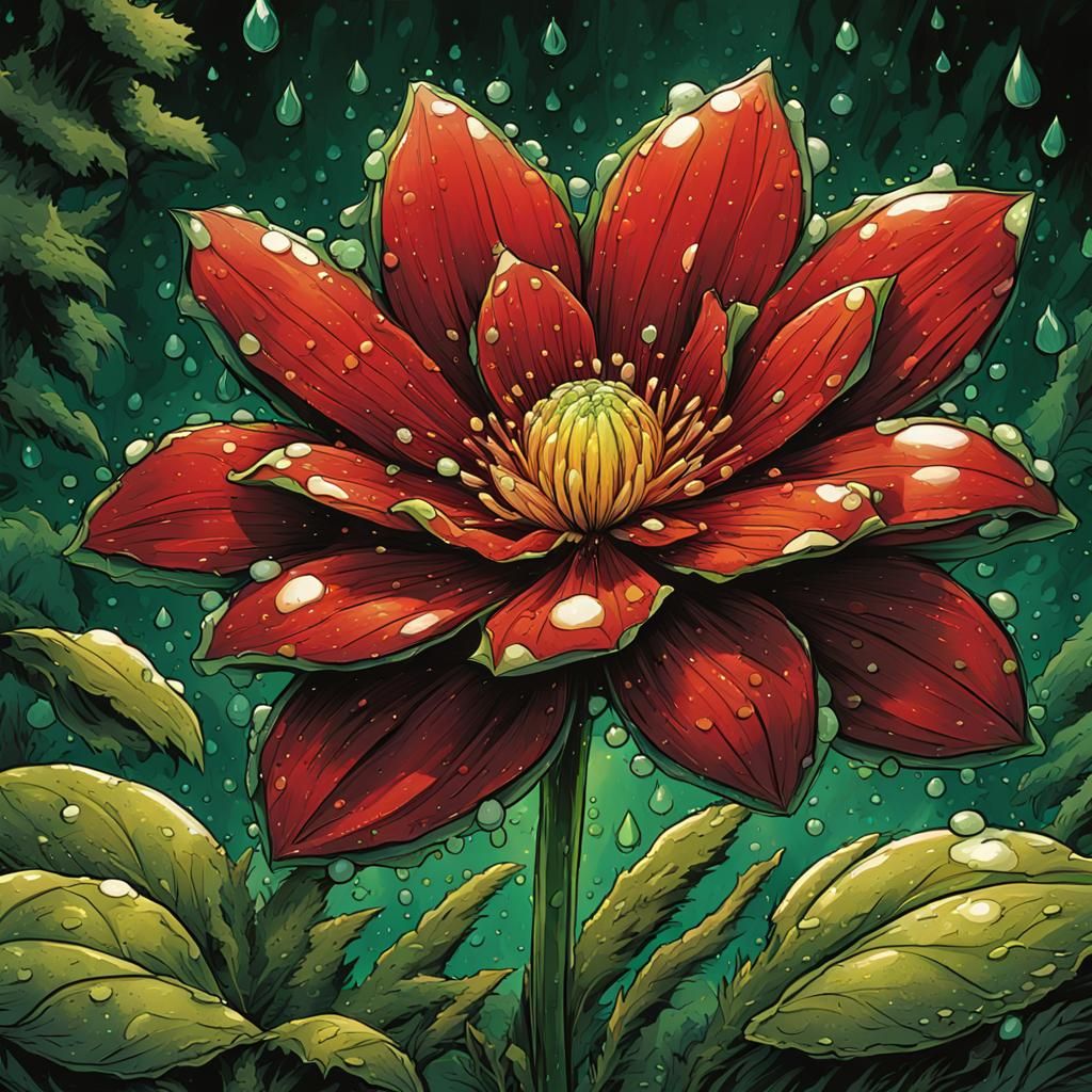 Lush Red Flower in Comic Book Style