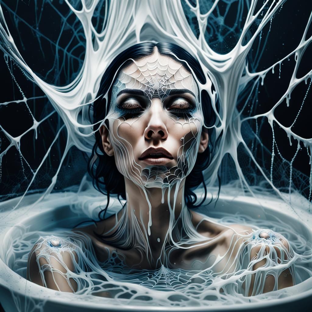 Surreal Dreamscapes: Woman Emerging from Milk Bath amidst Sp...