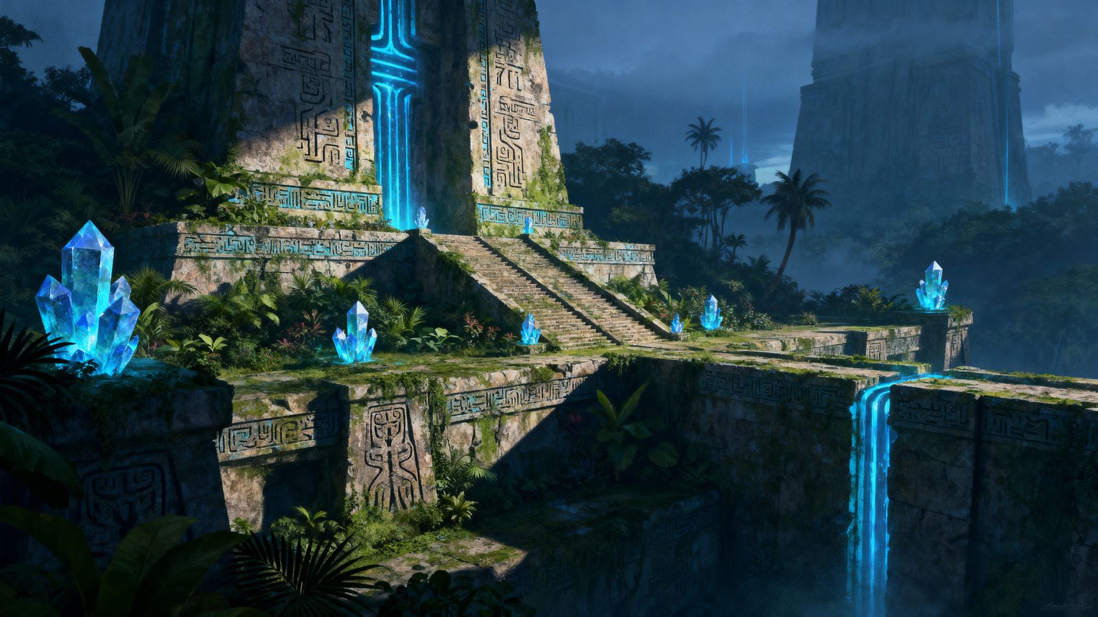 Overgrown Ziggurat Complex with Crystalline Energy Conduits