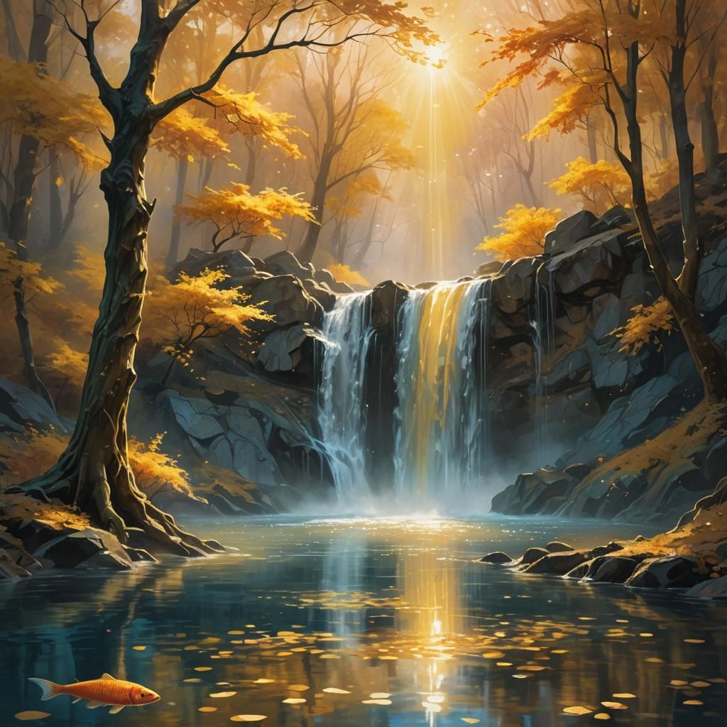 Magical Waterfall Fantasy Concept Art in Oil Painting Style