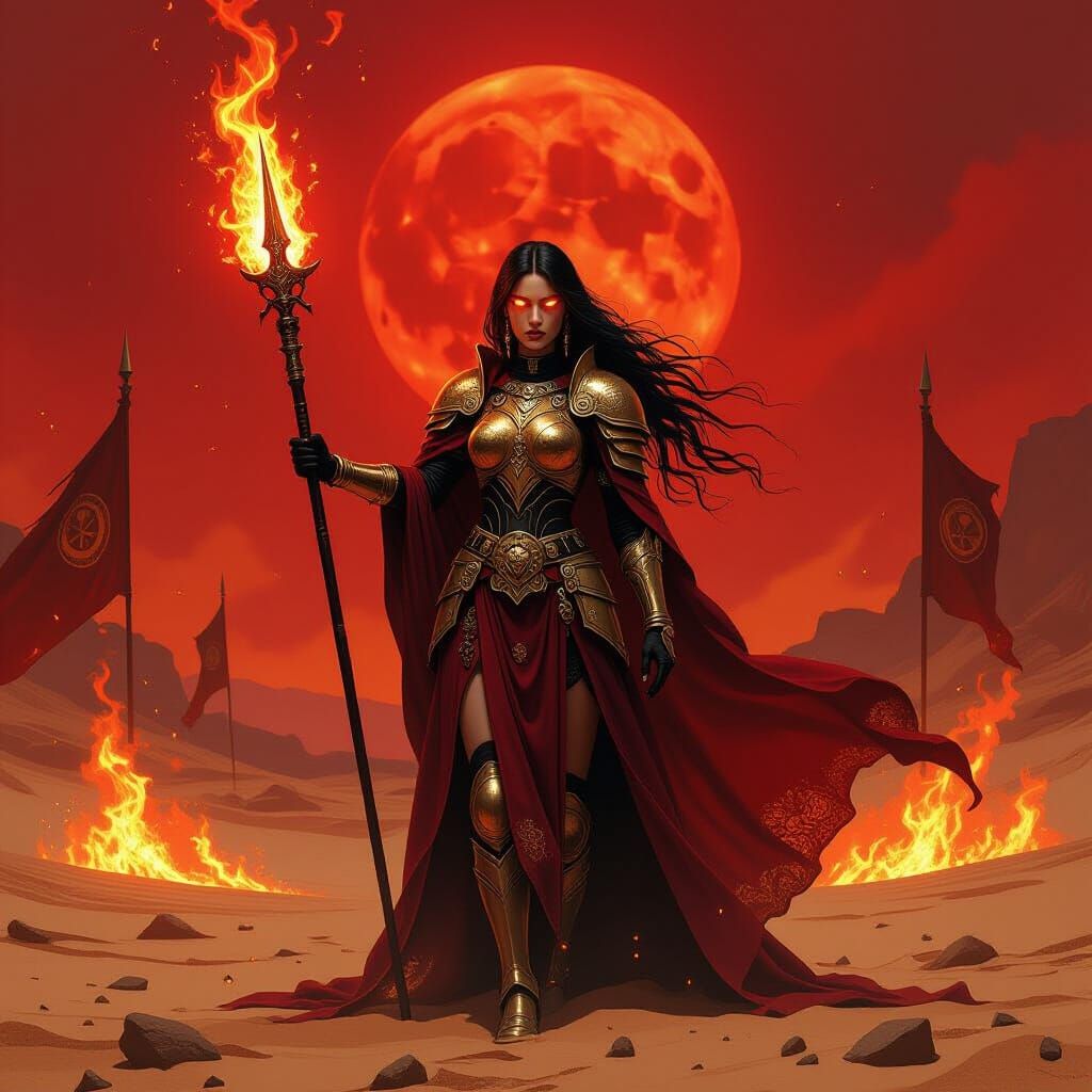 Fierce Priestess in Blazing Desert Landscape
