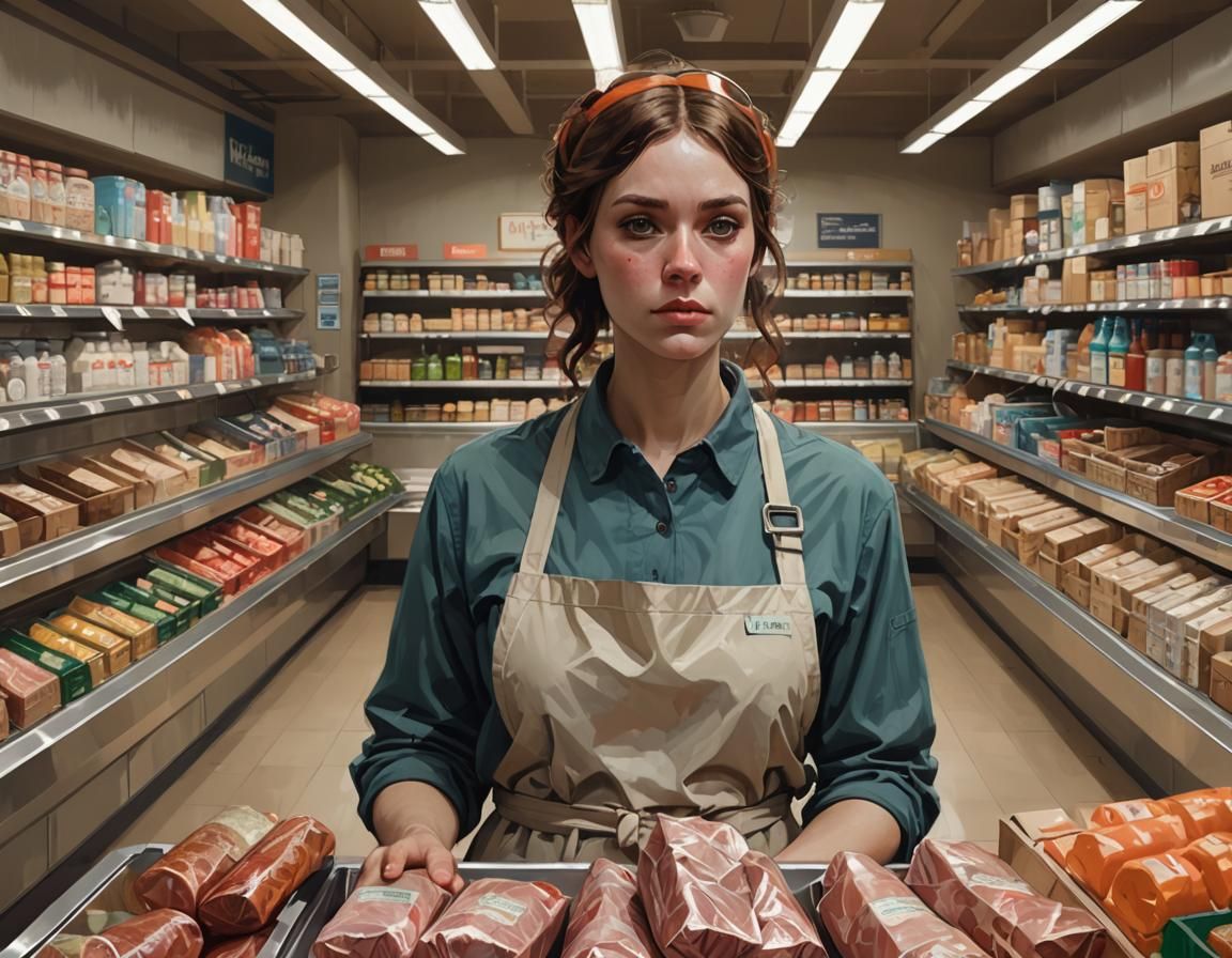 Bored Supermarket Checkout Girl in Art Deco Style