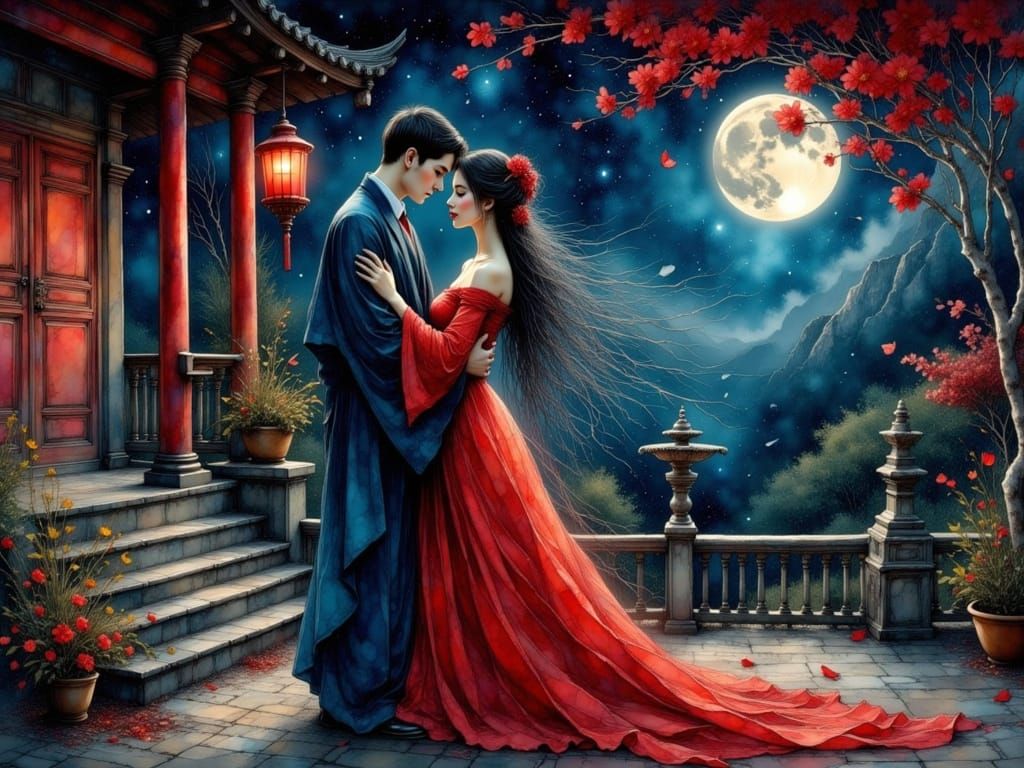 Moonlit Monastic Love in Ink