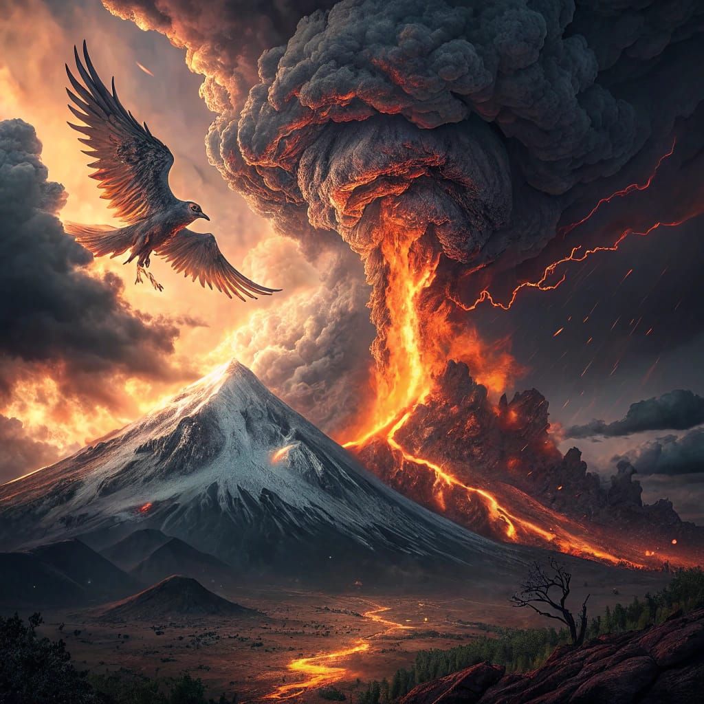 Volcanic Eruption with Phoenix in Baroque Style
