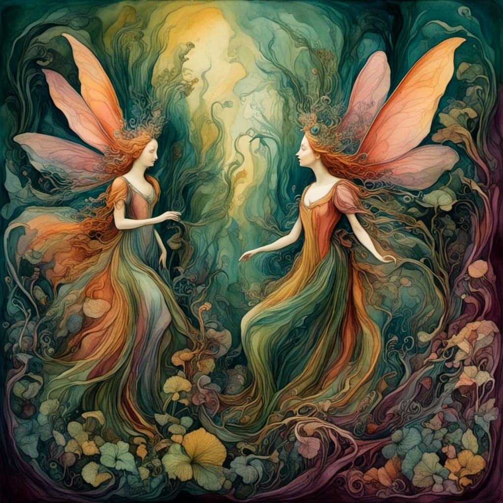 <lora:Fae Flutter:1.0> vivid alcohol ink picture of fairies ...