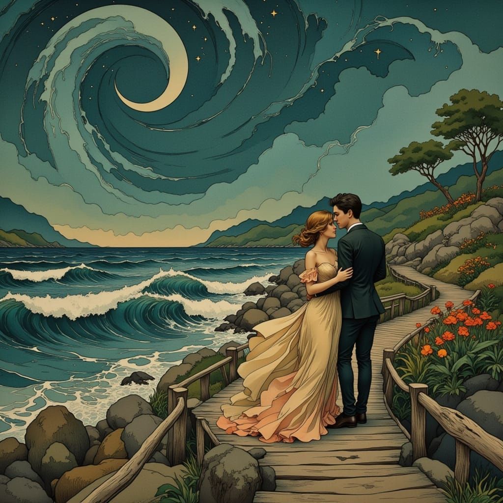 Romantic Couple Embracing in Art Nouveau Style