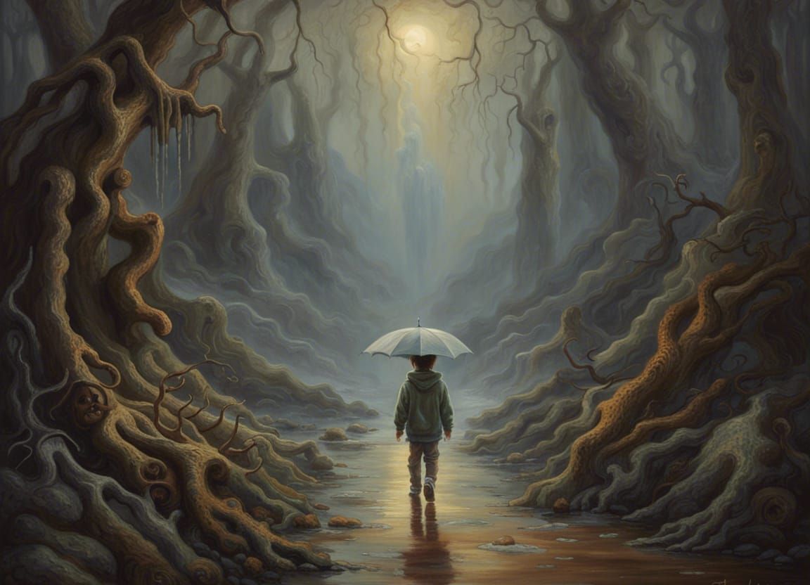 niño caminando descalzo bajo la lluvia en el bosque sinister by Greg Rutkowski ethereal fantasy hyperdetailed mist Thoma...