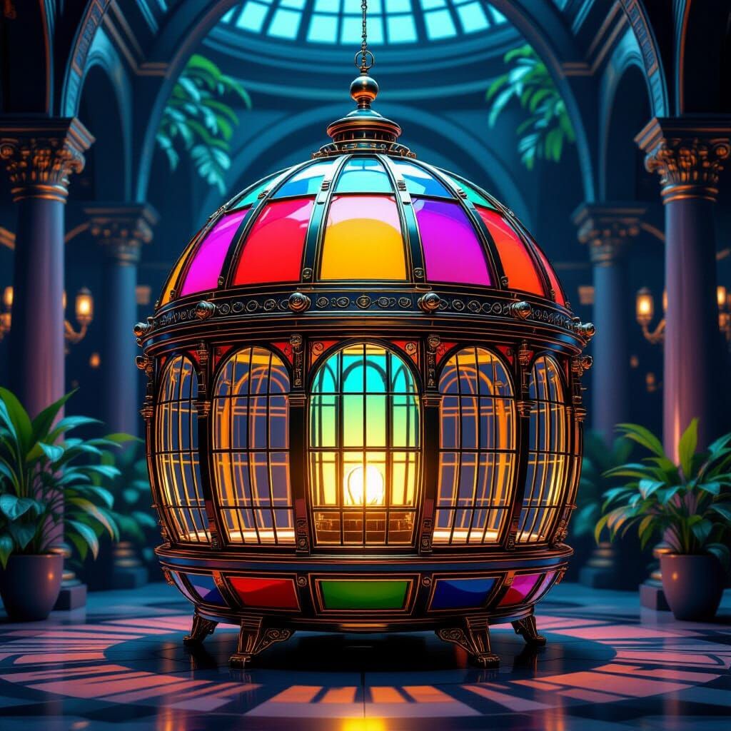 Futuristic Art Deco Bird Cage in Vibrant Colors
