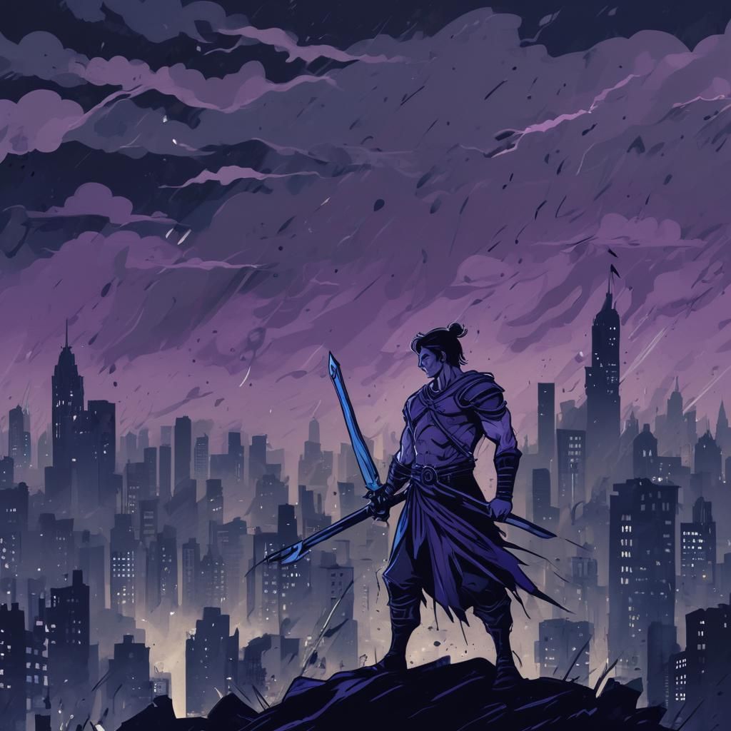 Warrior in Stormy Cityscape: Flat Cartoon Illustration