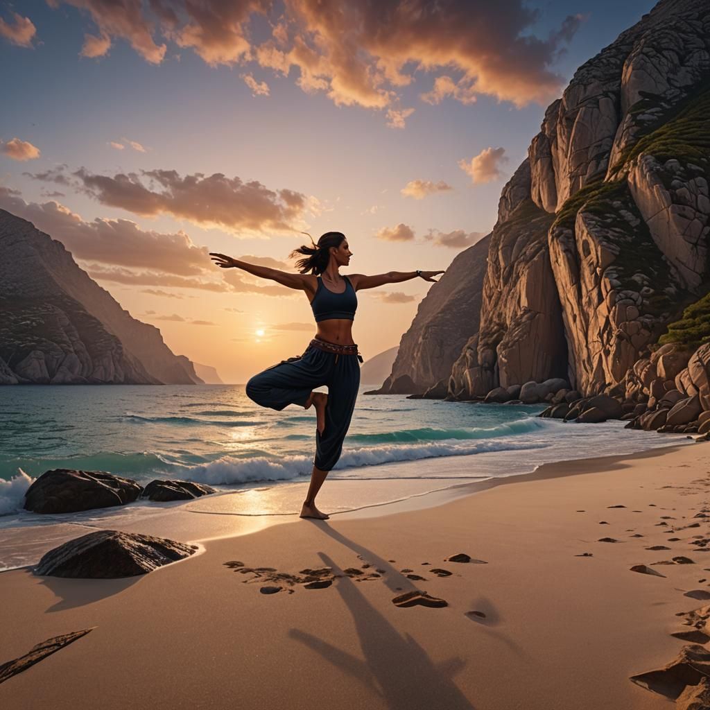 Amorgos Island Sunset with Yogi in Warrior Pose