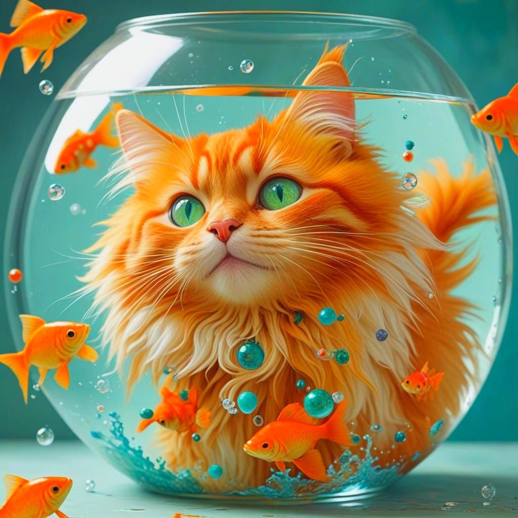 Vibrant Tabby Snags Fish in Bowl