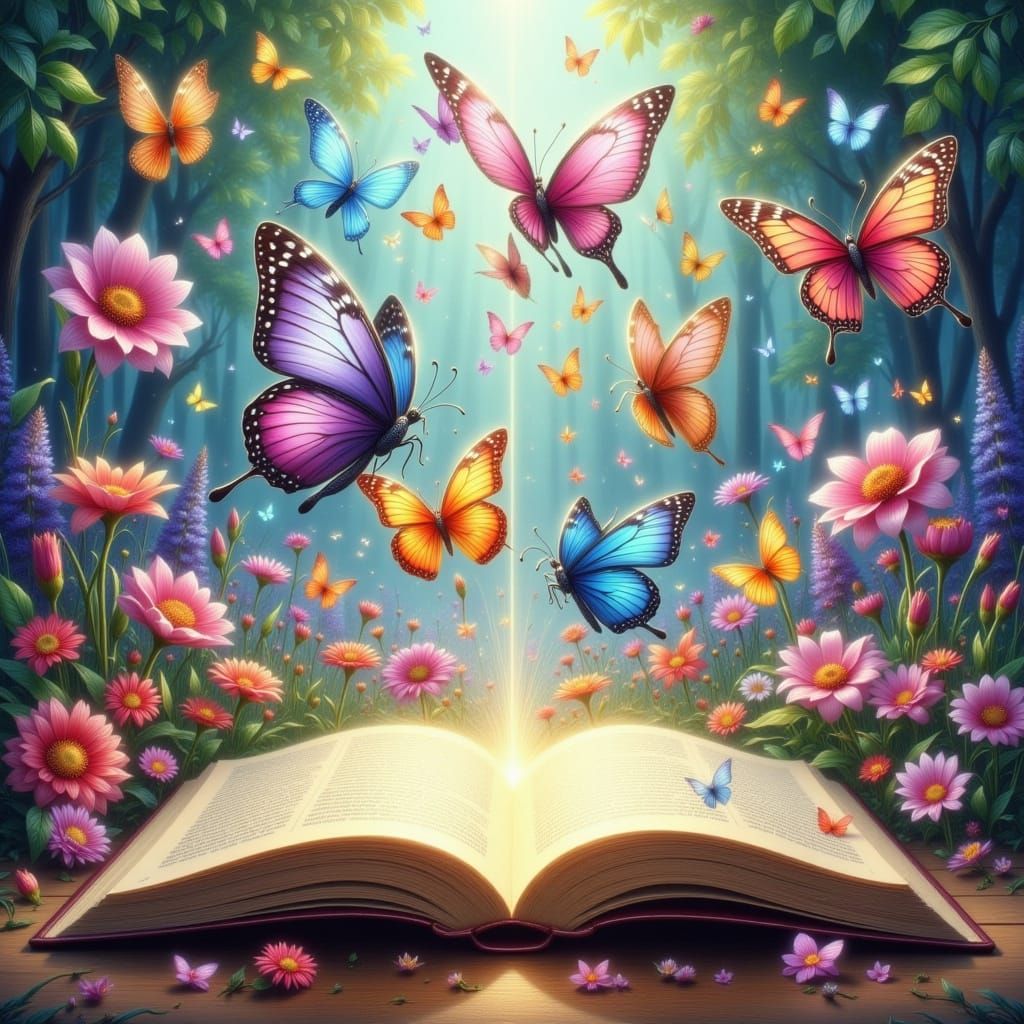 Open Book Releasing Detailed Butterflies in Colored Pencil S...