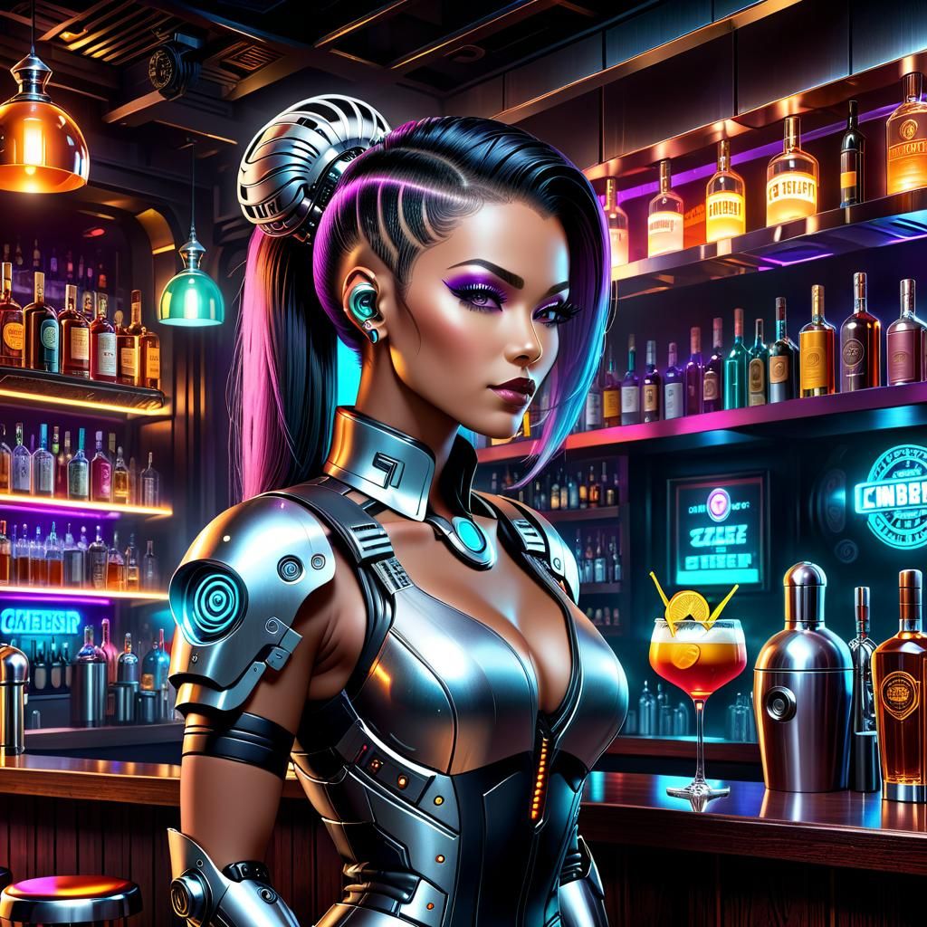 Cyborg Bartender in Smoky Cyberpunk Bar