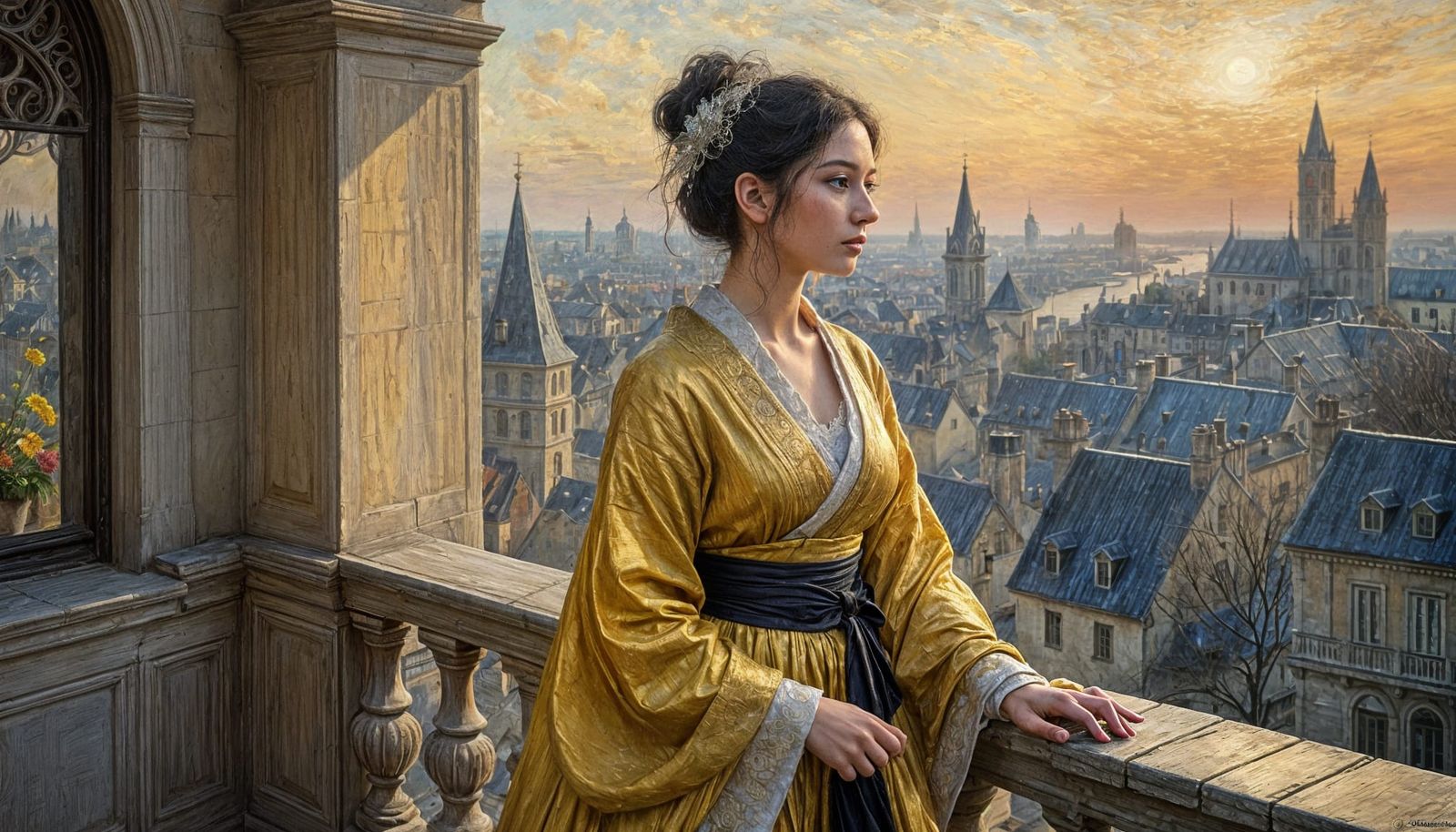 Neo-Impressionist Queen Contemplates Medieval Cityscape