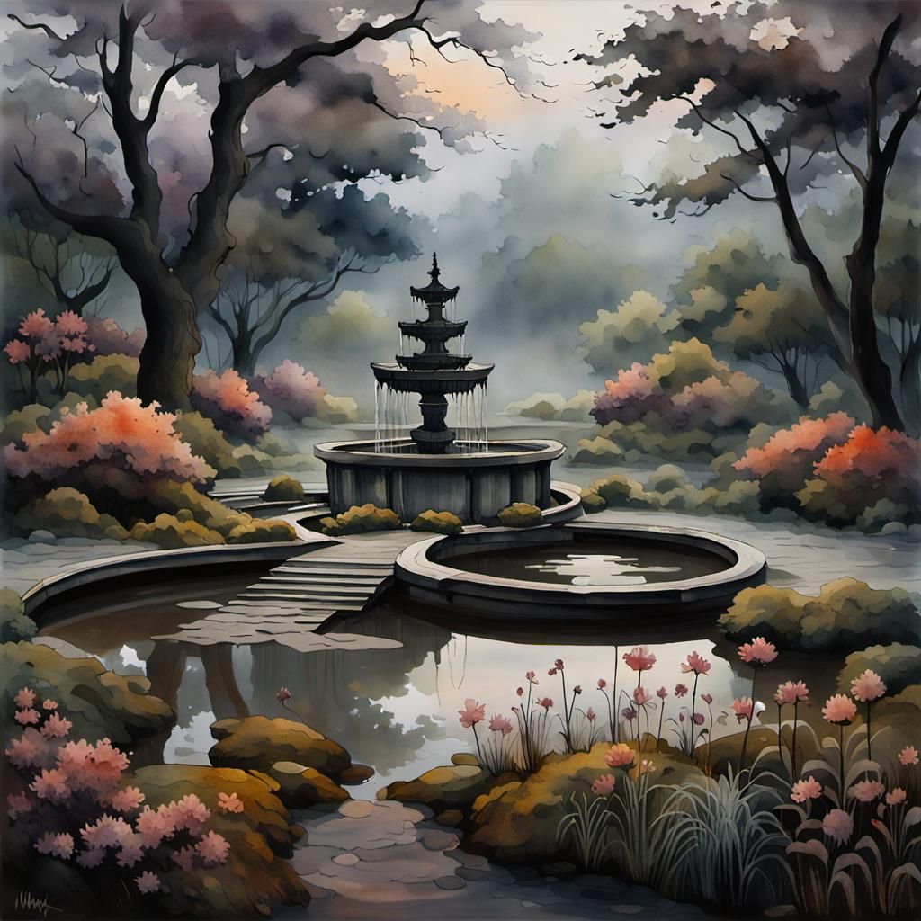 Abandoned Zen Garden Fountain at Dusk: Watercolor Masterpiec...