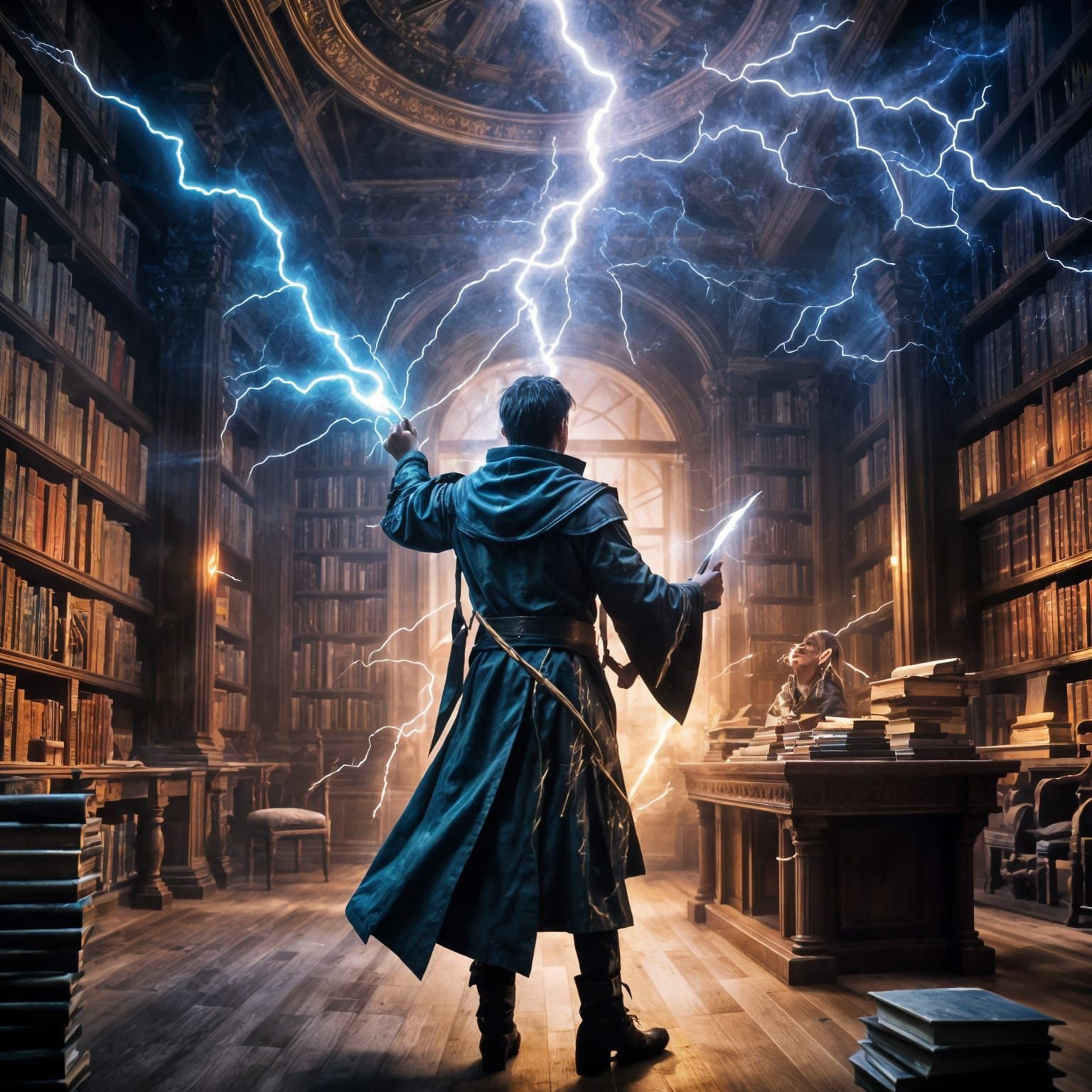 Young Wizard Casting Spell in Magical Library