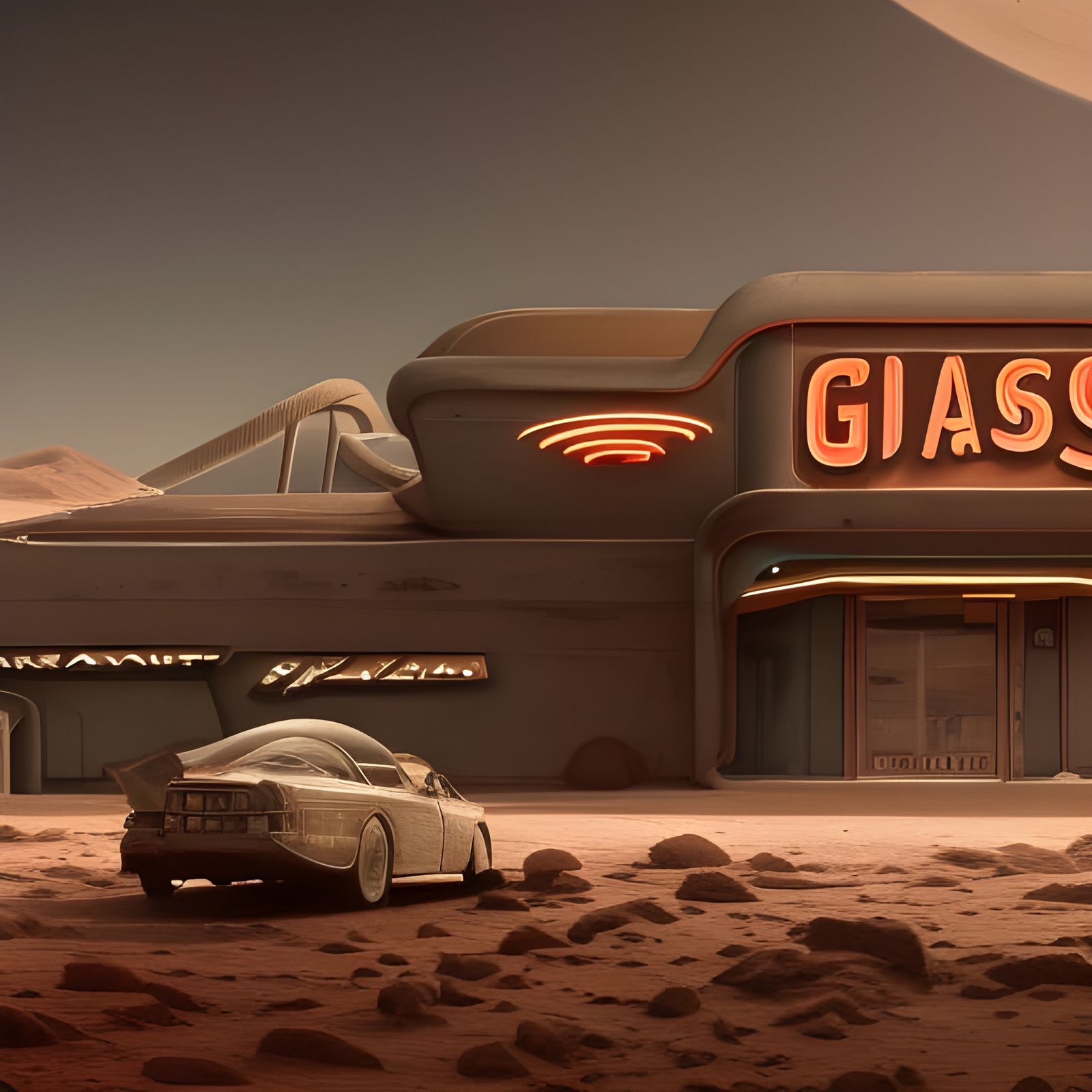 Retro Gas Station on Mars: Detailed Matte Painting