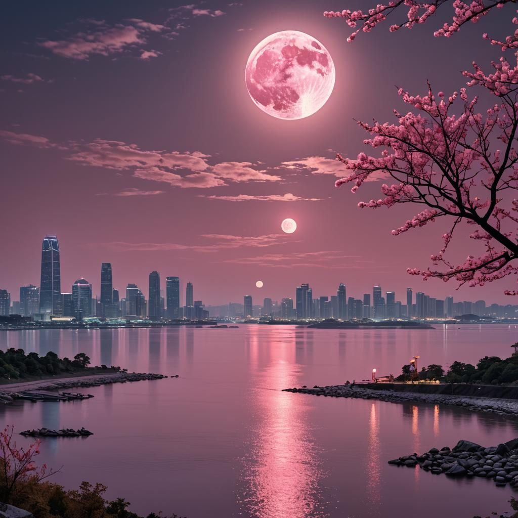 Pink Moon Over Han River: Ultra HD Detailed Drawing