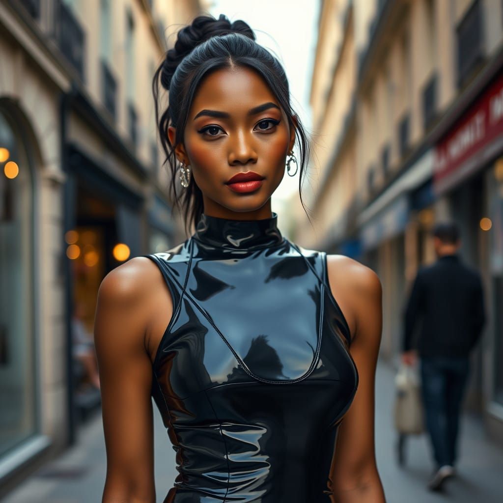 Elegant Black Asian Woman in Parisian Chic Style