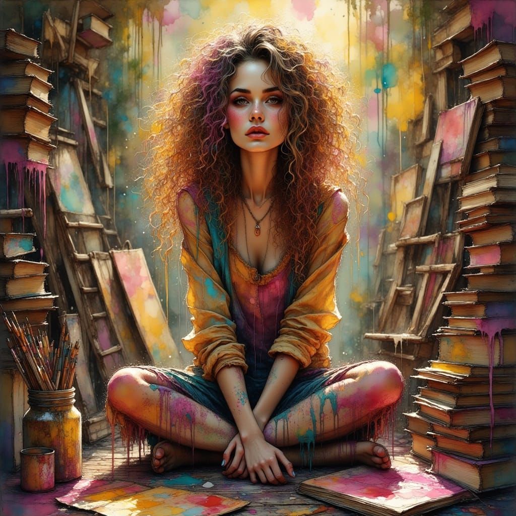 Young Artist Surrounded by Art Supplies in Art Nouveau Style