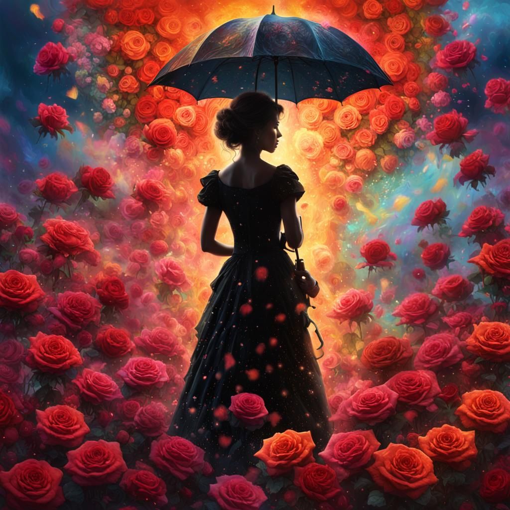 Woman in Rose Dress with Umbrella, Digital Art