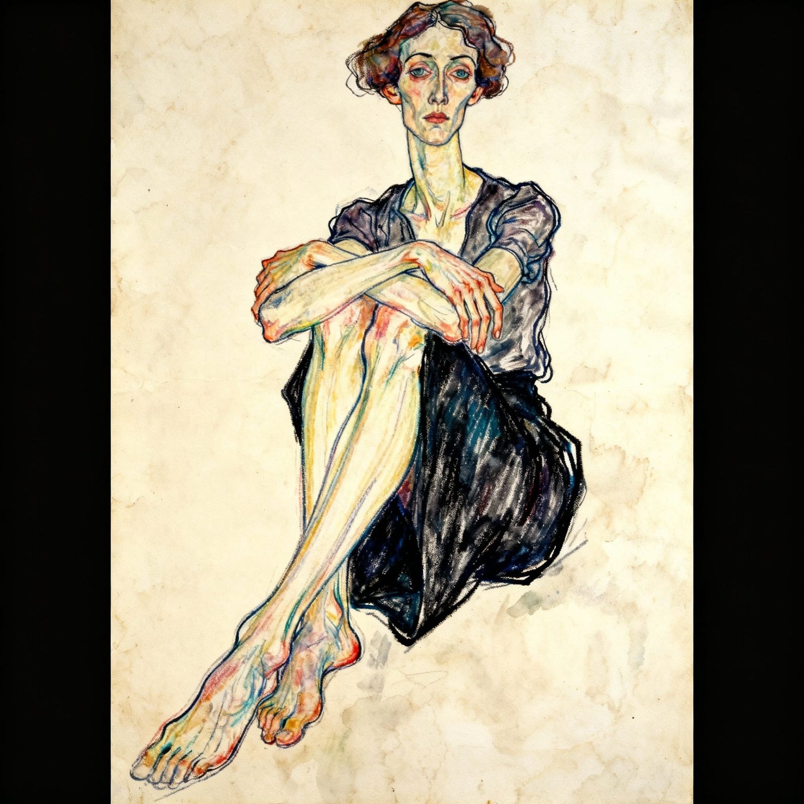 Expressive Pastel Drawing of Woman with Focus on Legs and Ha...