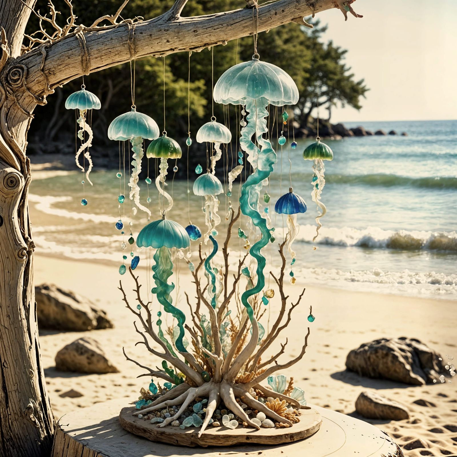 Sea Glass Sculptures: Ocean Creatures on Sunlit Beach