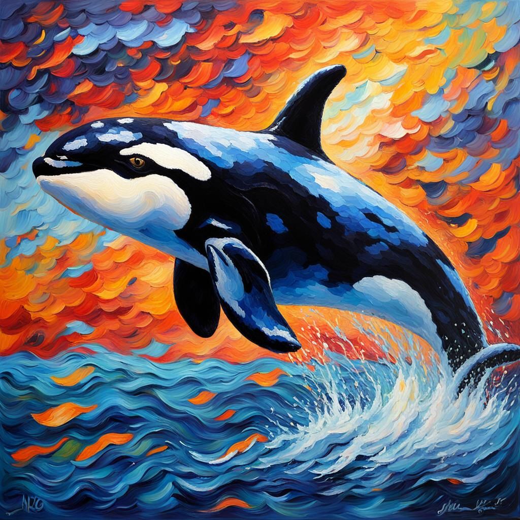 Orca Leaps: A Neo-Impressionistic Oil Painting