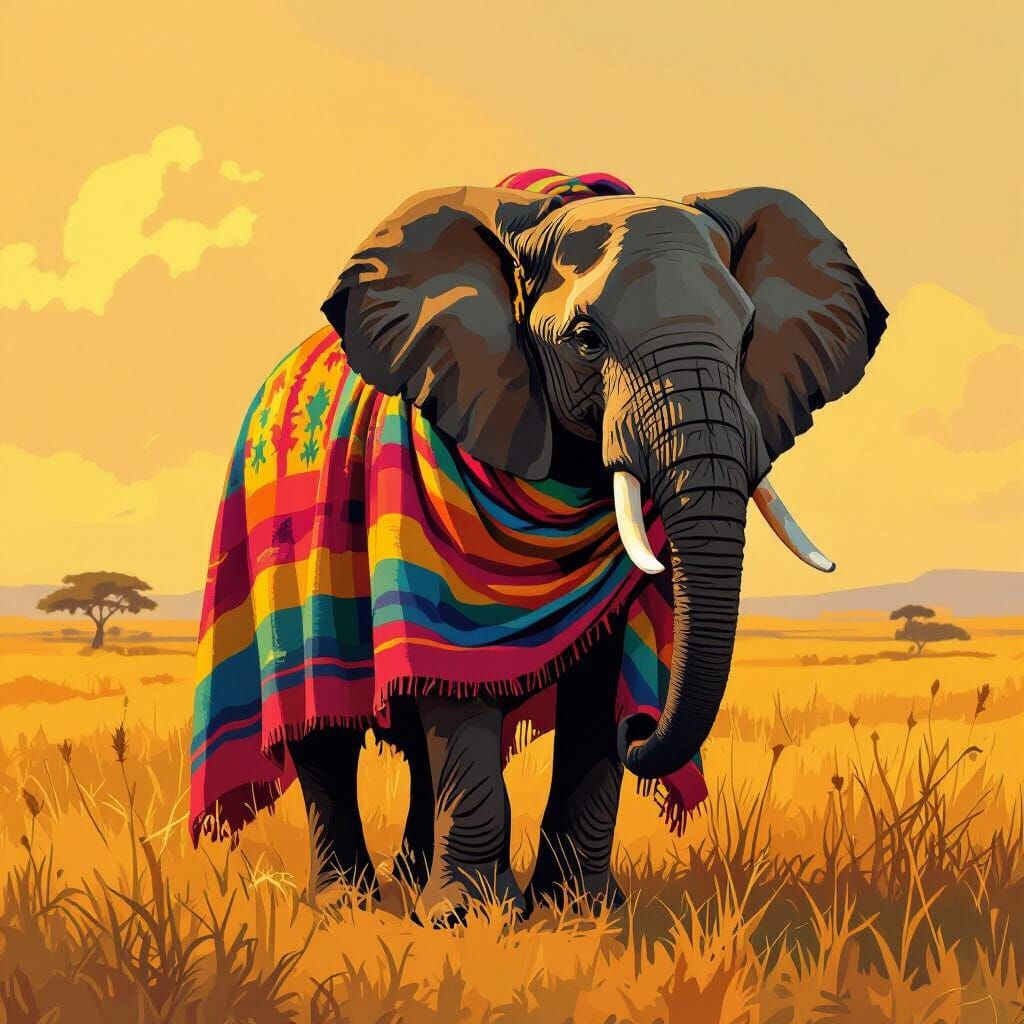 Elephant with Blanket on Savannah: Digital Painting