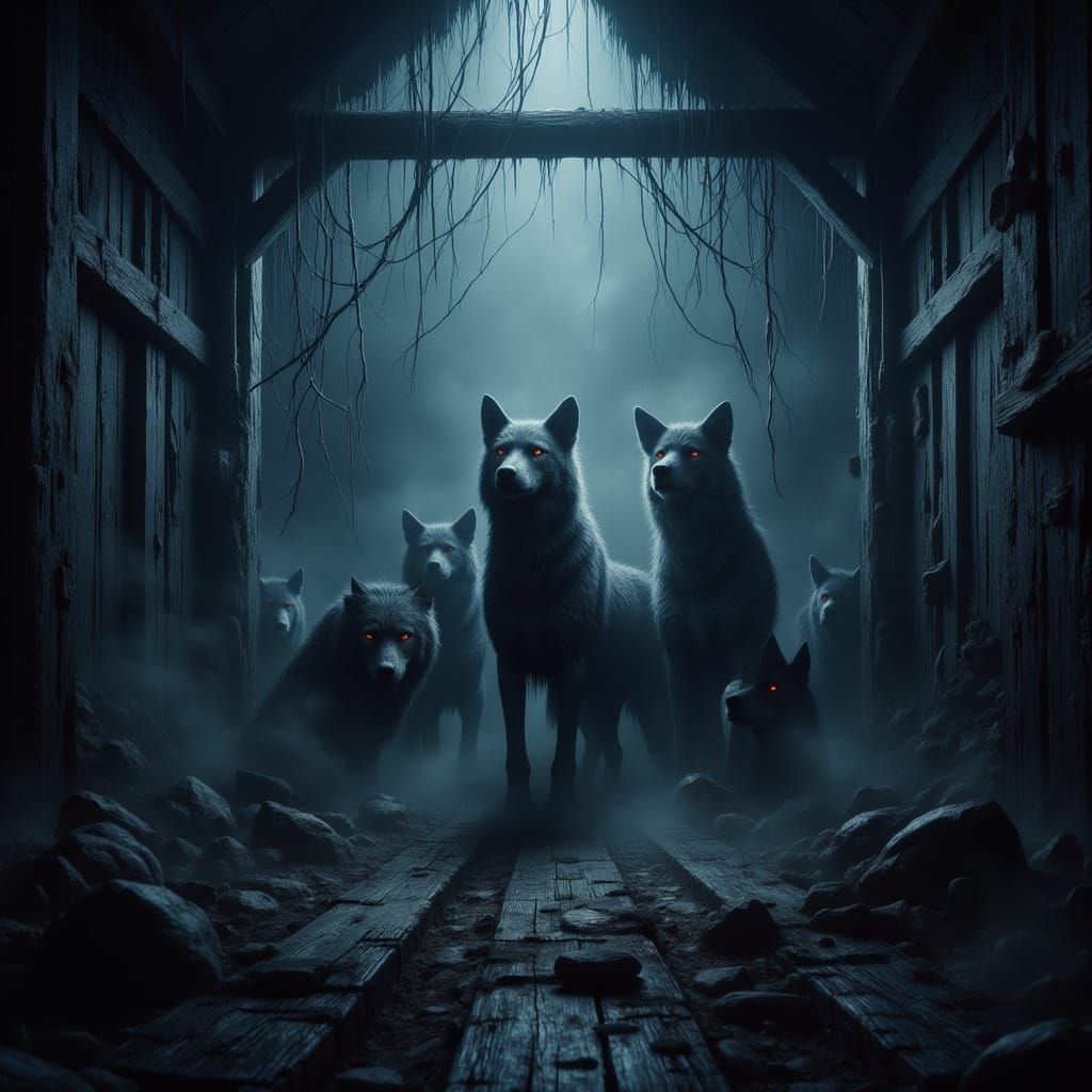 Wolves in Cabin: Eerie Horror Landscape