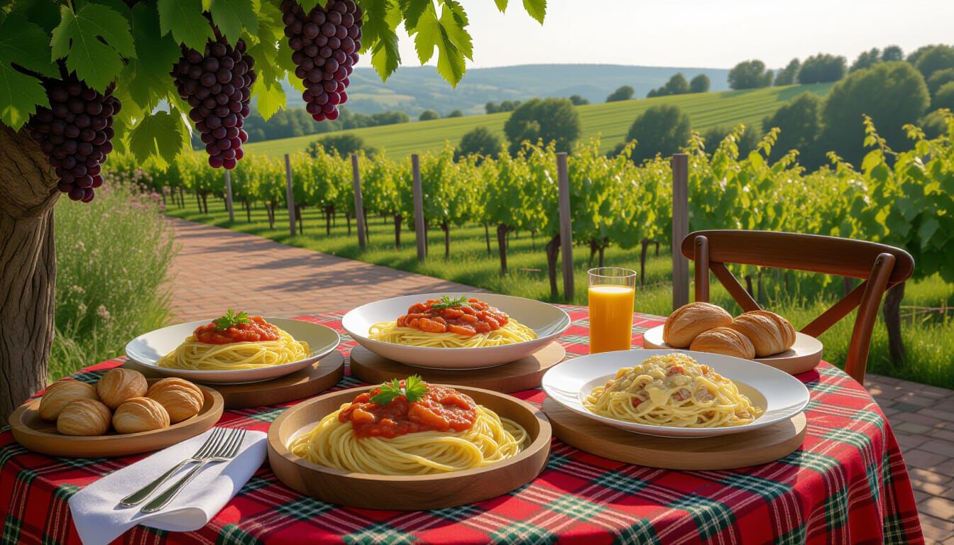 Gourmet Pasta Feast on Plaid Tablecloth