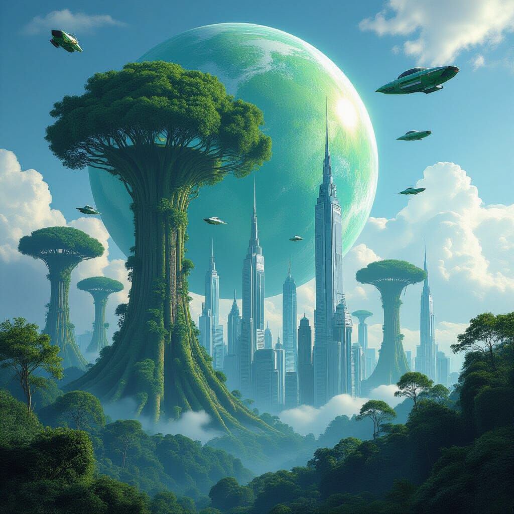 Futuristic Green Planet with Flying Cars