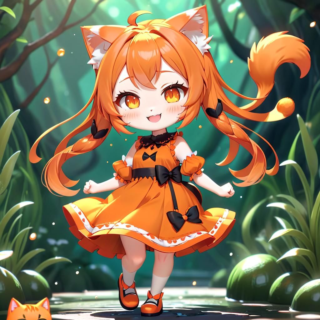 Joyful Chibi Girl in Vibrant Orange Attire