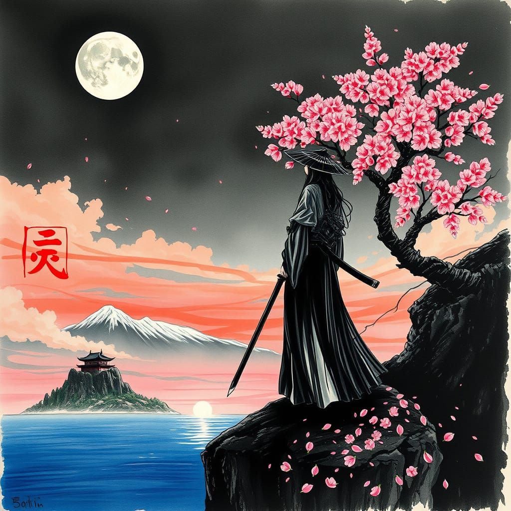 Samurai Warrior on Dark Island at Sunset