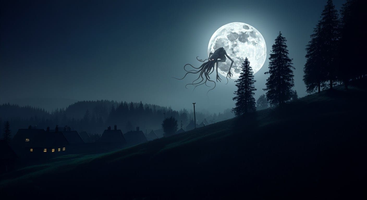 Ethereal Moonlit Landscape with Lovecraftian Creature