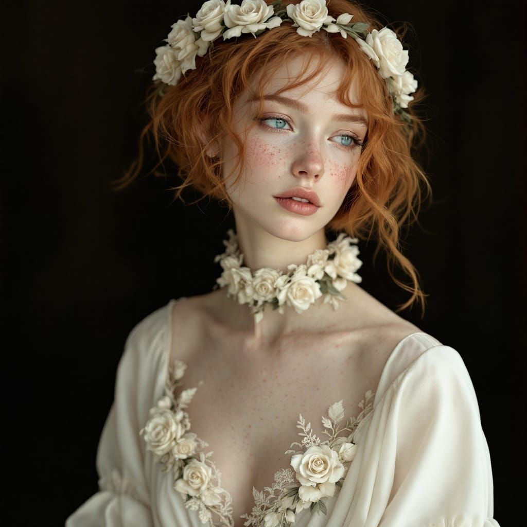 Ethereal Young Woman in White Onesie with Roses