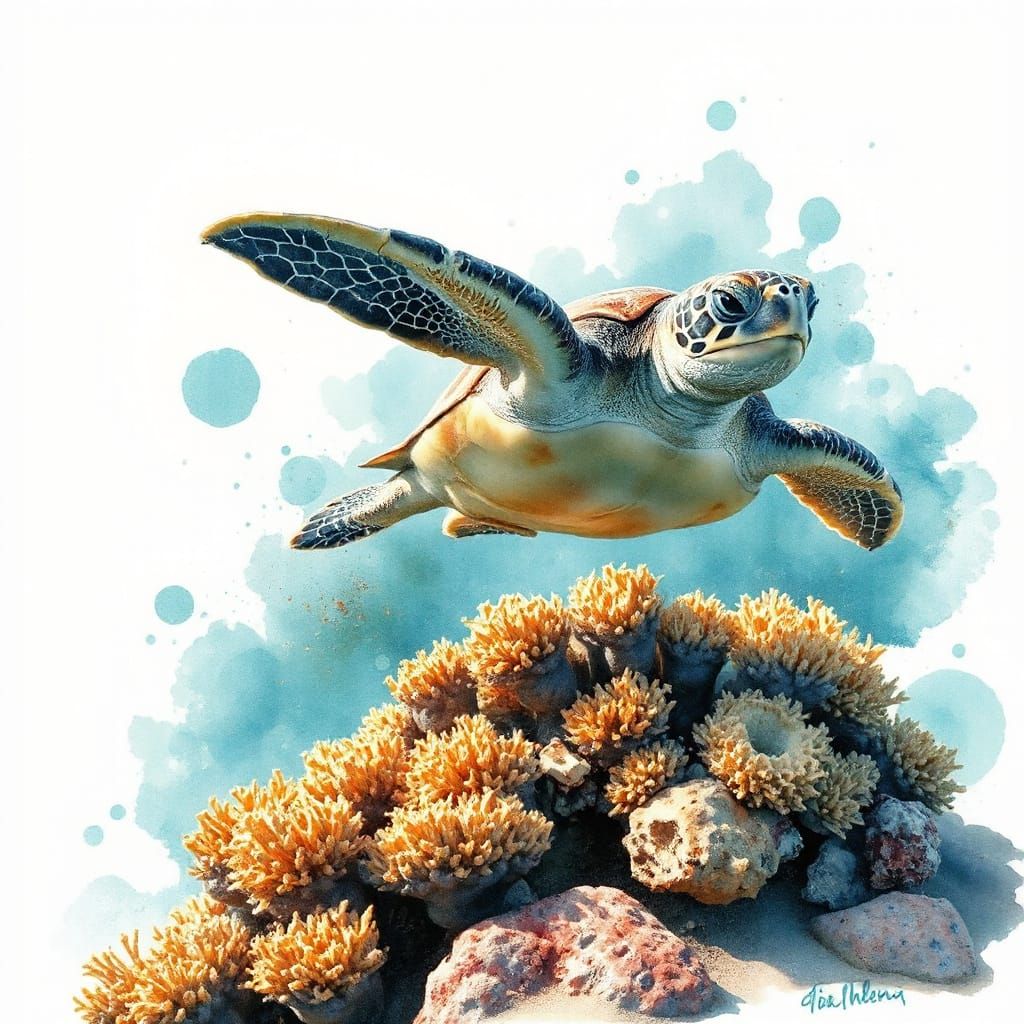 Sea Turtle Gliding Over Coral Reef in Watercolor Style