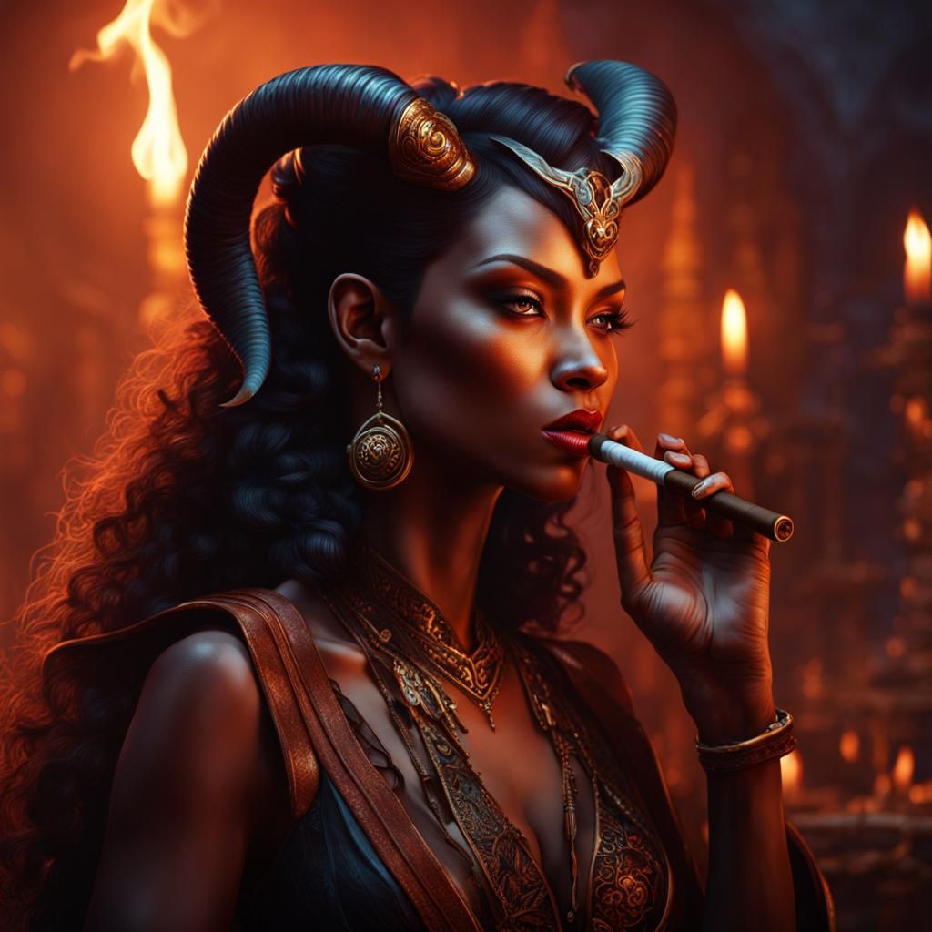 Tiefling Woman Smoking Cigar: Detailed Fantasy Portrait
