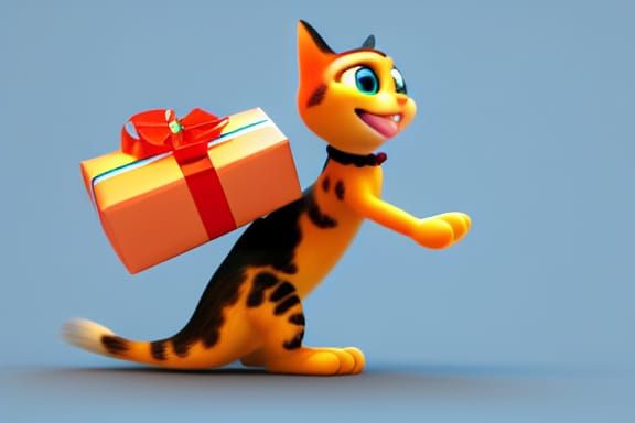 Calico Cat Delivering Present: 3D Digital Art