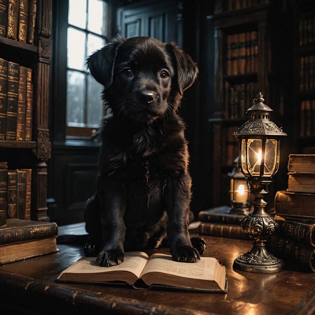 Dark Academia Puppy in Atmospheric Illustration