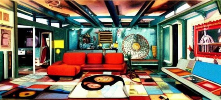 Eclectic Mid-Century Living Room Painting in Ghibli Style