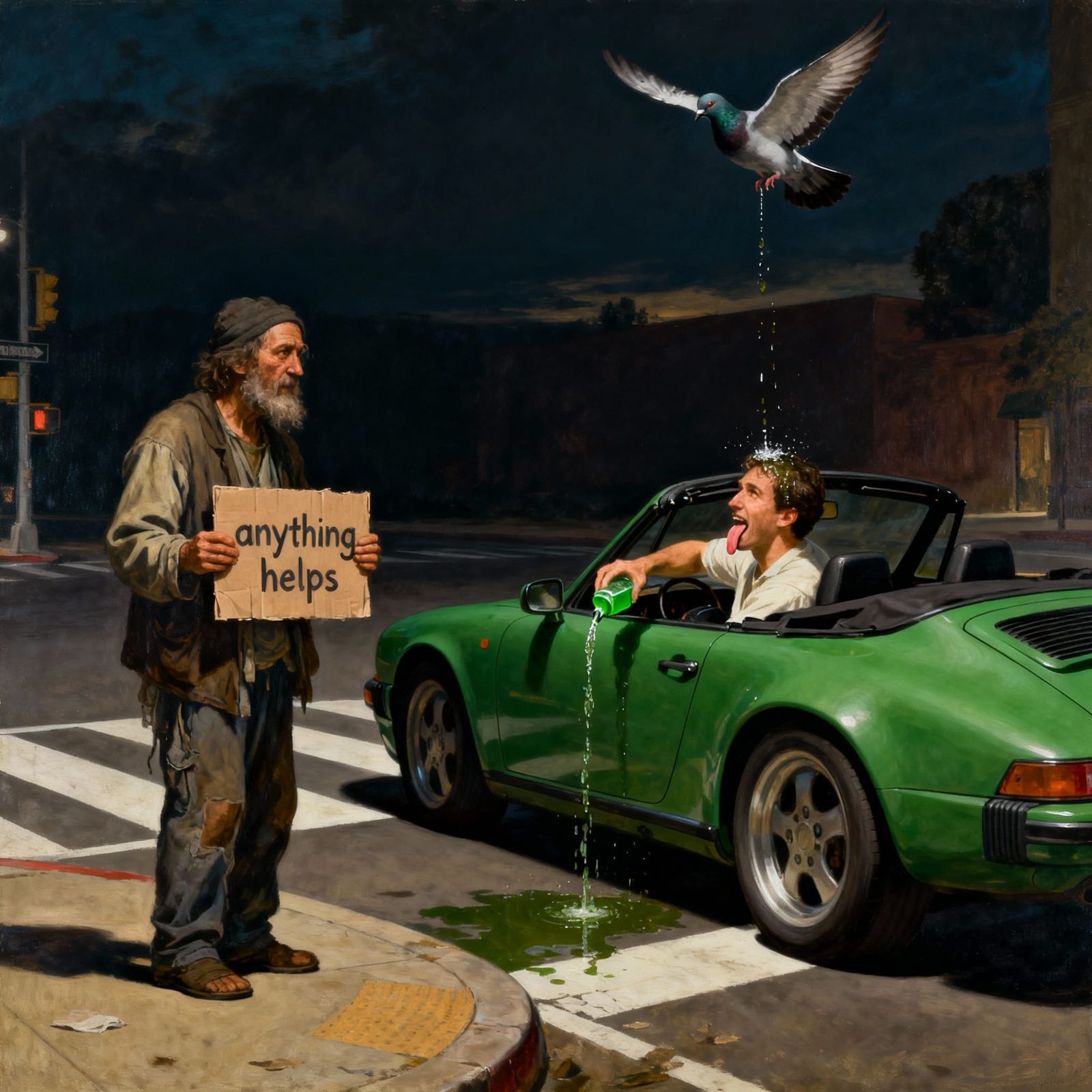 Homeless Man & Rich Driver Encounter, Hopper & Caravaggio St...