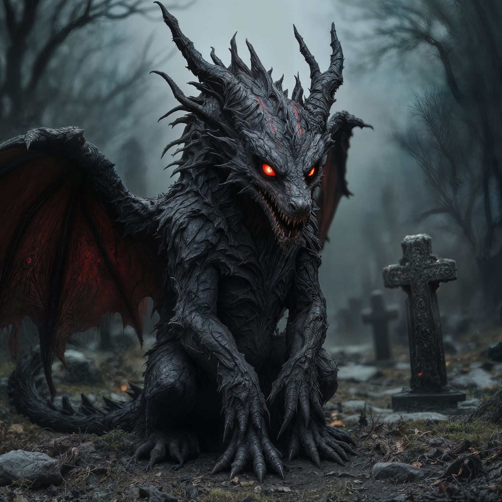 Eerie Dragon Artifact in Graveyard, Gothic Horror Style