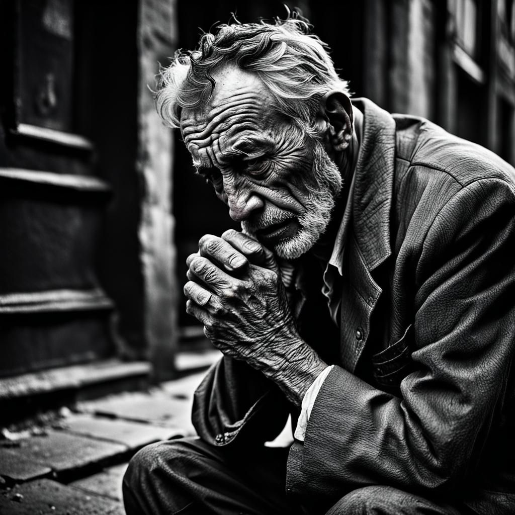 Gritty 1920s Street Scene: Man Praying