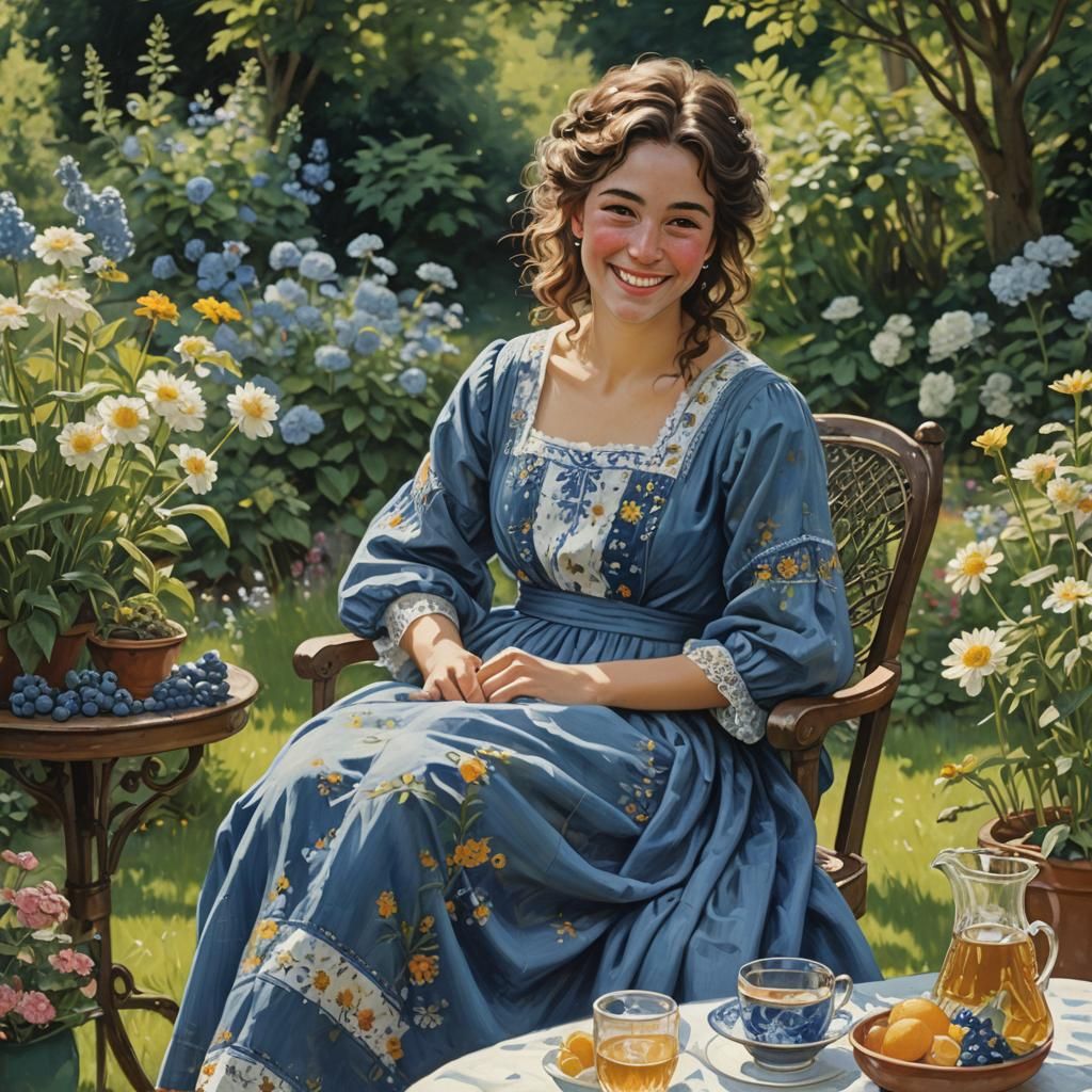 Young Woman in Blue Dress in Flower Garden