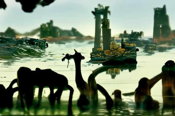 Giraffes in Sunken City Ruins: Fantasy Art