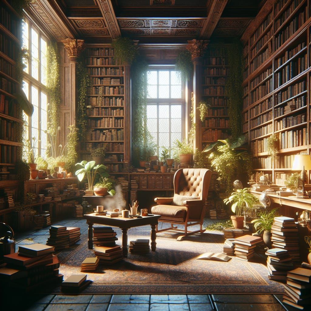 Cozy Library with Sunlight and Books as Matte Painting